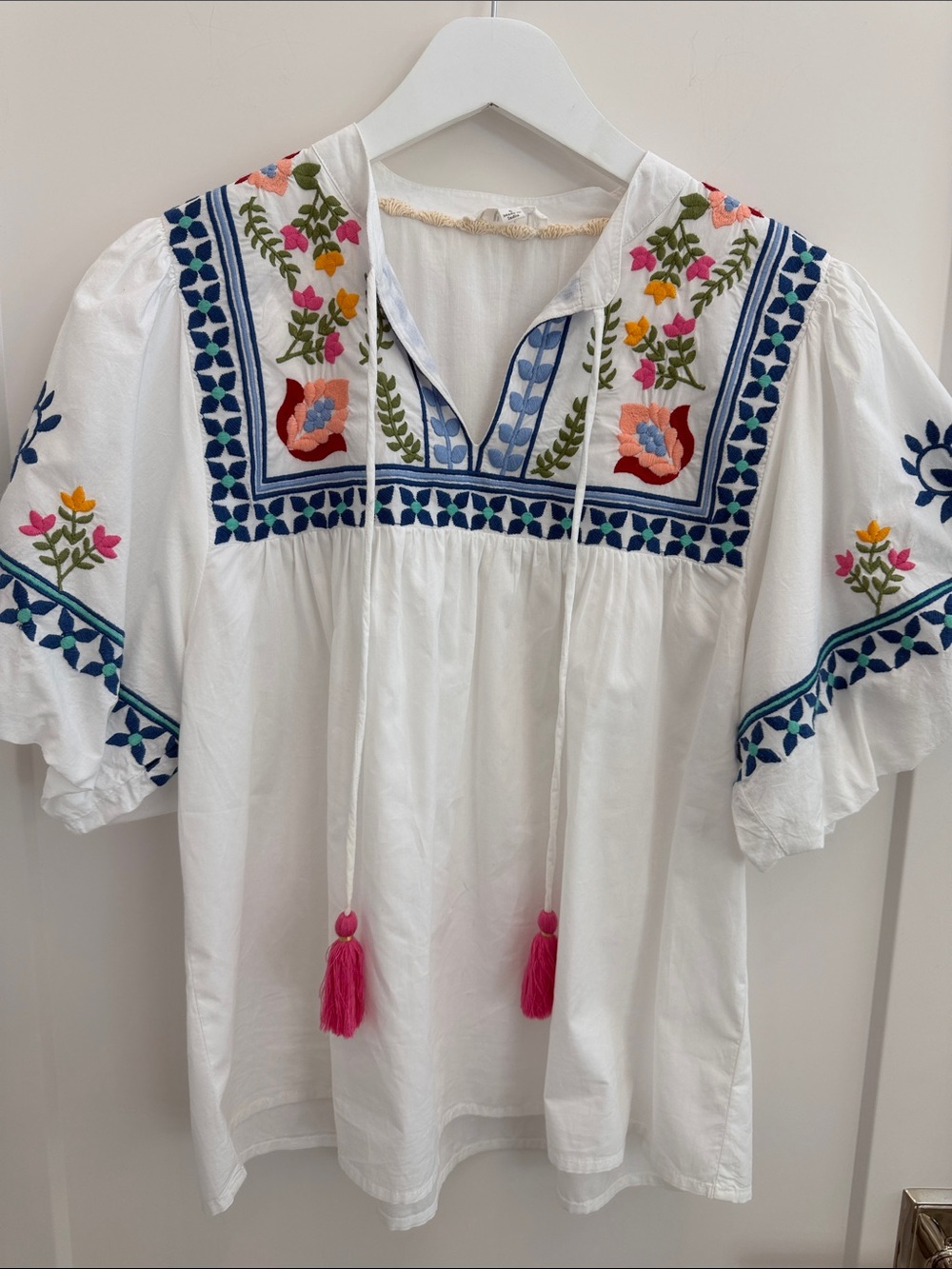 THML White Embroidered Peasant Tunic with Pink Tassels